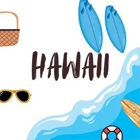 Hawaiian beach with palm trees and volcanic mountains