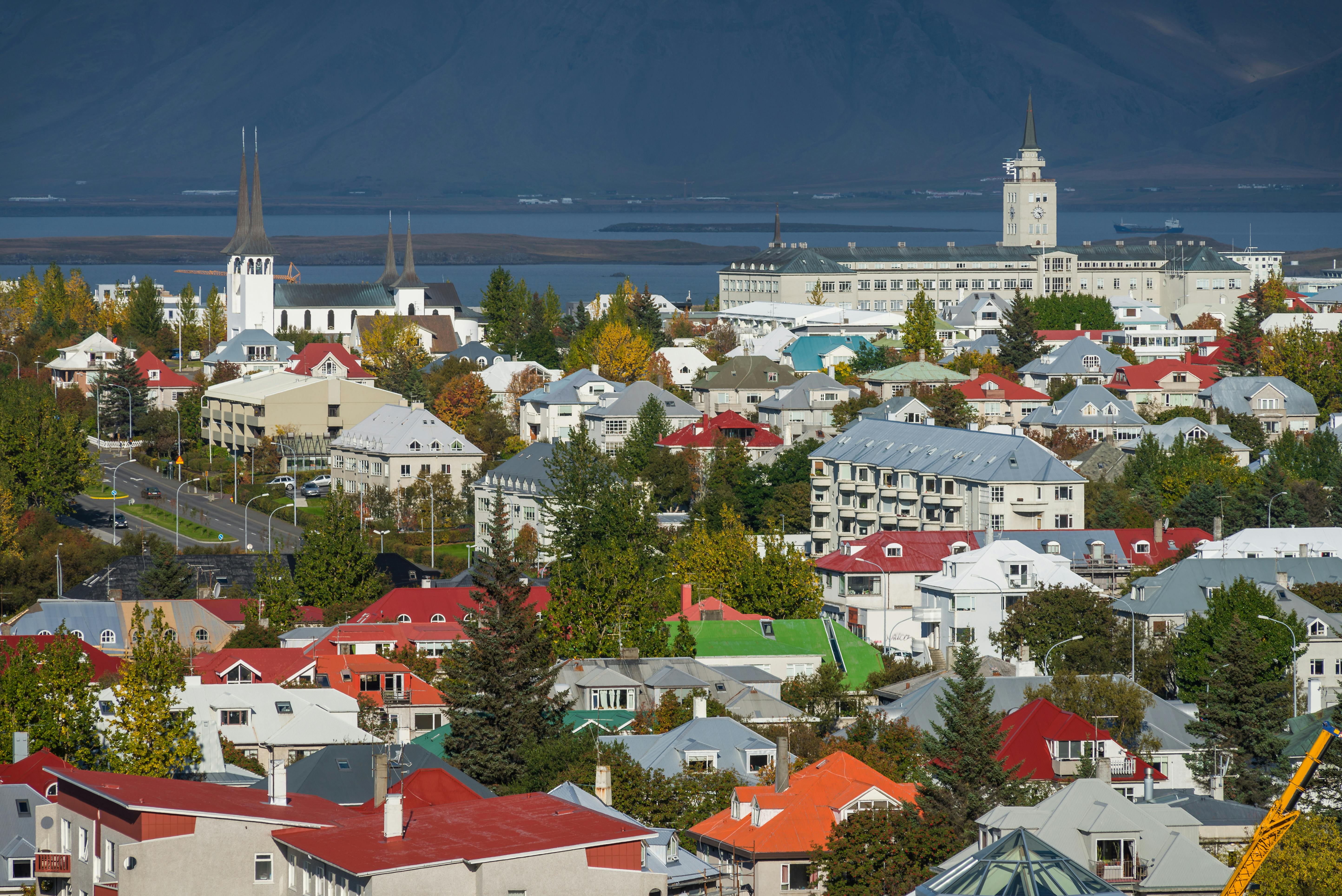 Colorful houses in Reykjavik with Hallgrímskirkja church in background