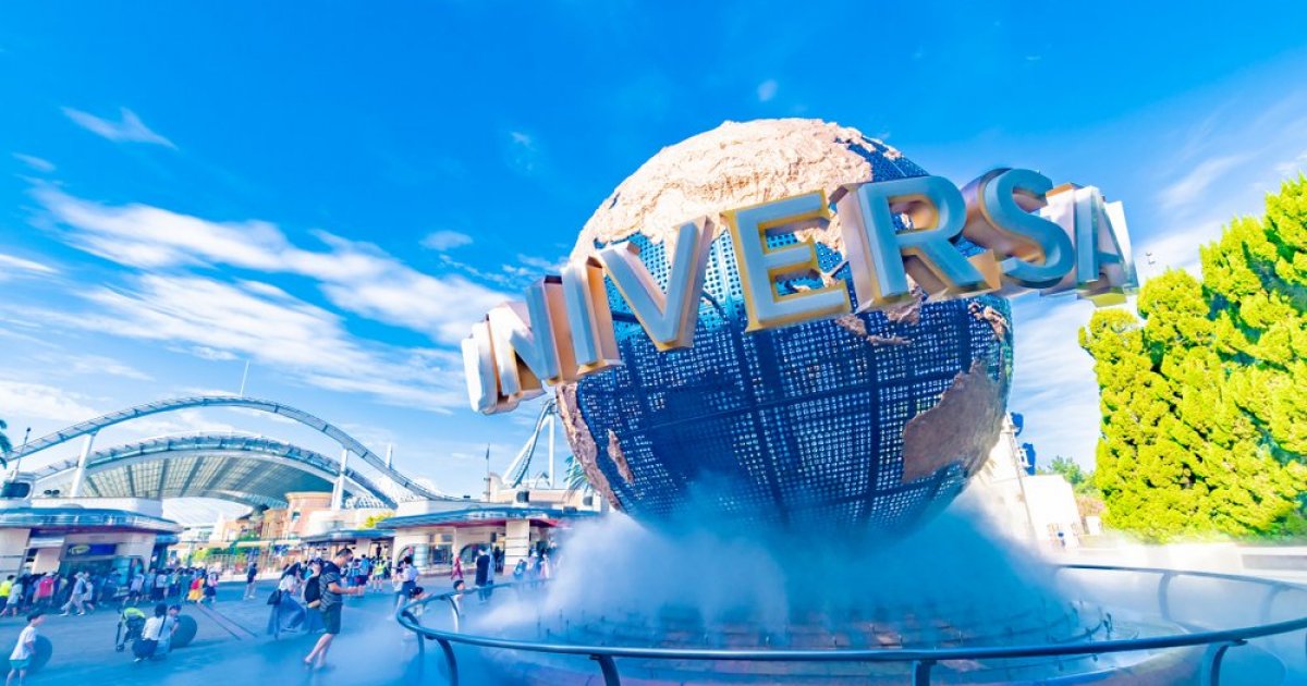 Universal Studios Japan entrance globe and visitors