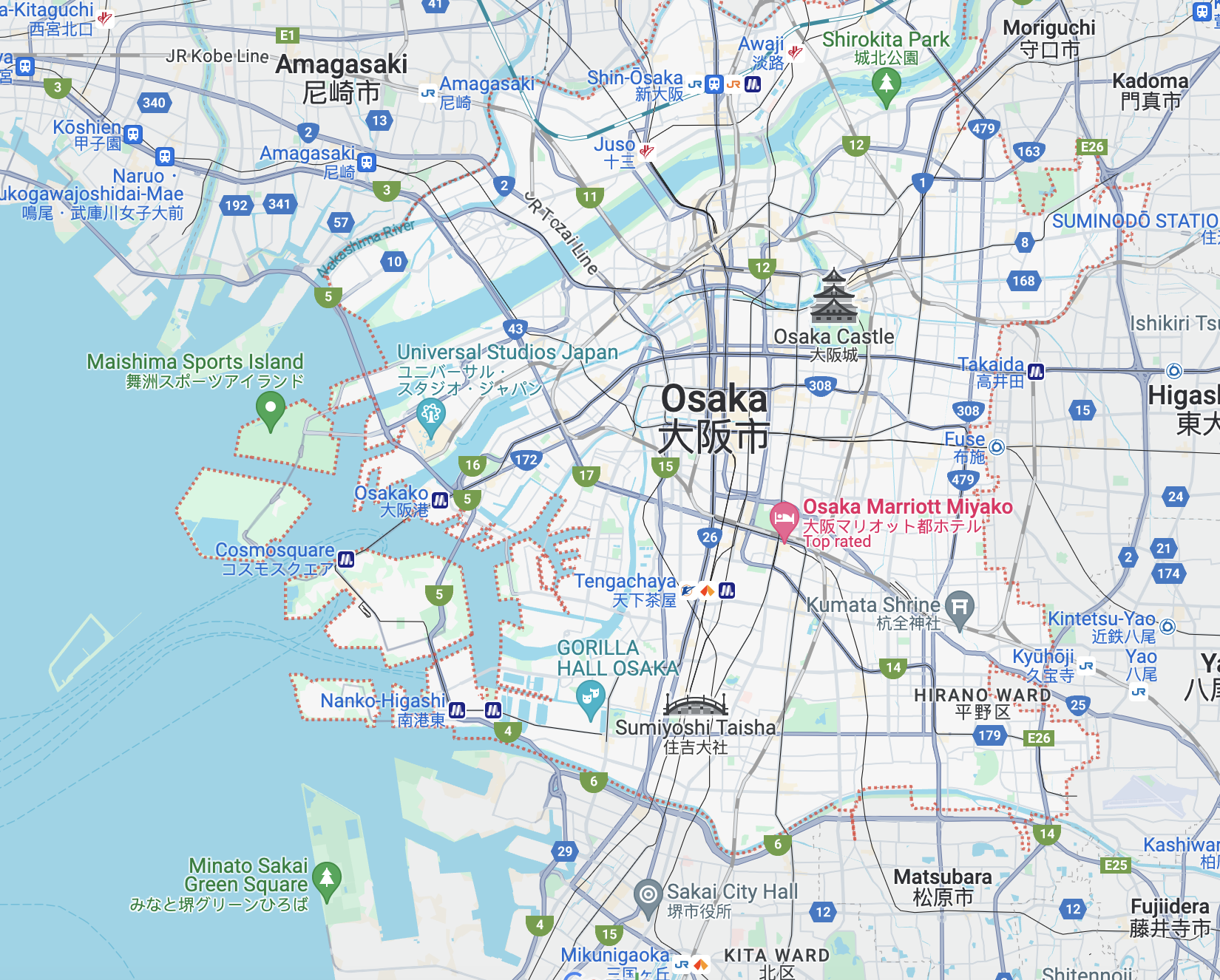 Detailed map of Osaka city
